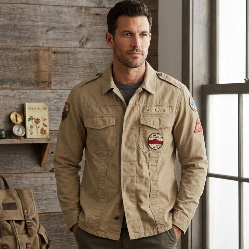 American Living Mt McKinley Patch Utility Jacket Shirt Khaki Mens Size M Cotton